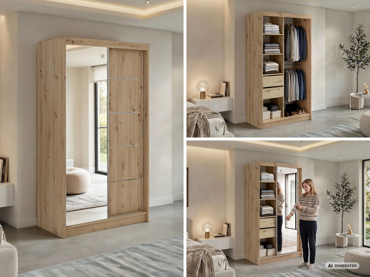 SCHWEBETÜRENSCHRANK mit Schubladen 120 - SKORIA - Eiche Artisan mit Spiegel - Alufarben/Eiche Artisan, Holzwerkstoff/Metall (120/216/61cm) - MKS
