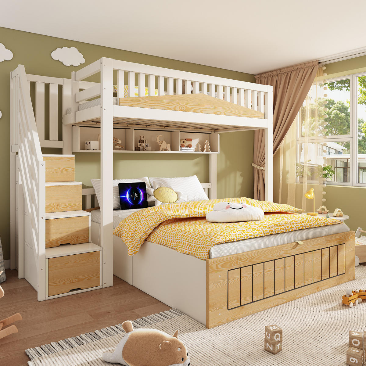 ETAGENBETT mit Treppenschrank 90/140x200 cm Weiß/Natur - Weiß, Metall (140/200cm) - Meubliv