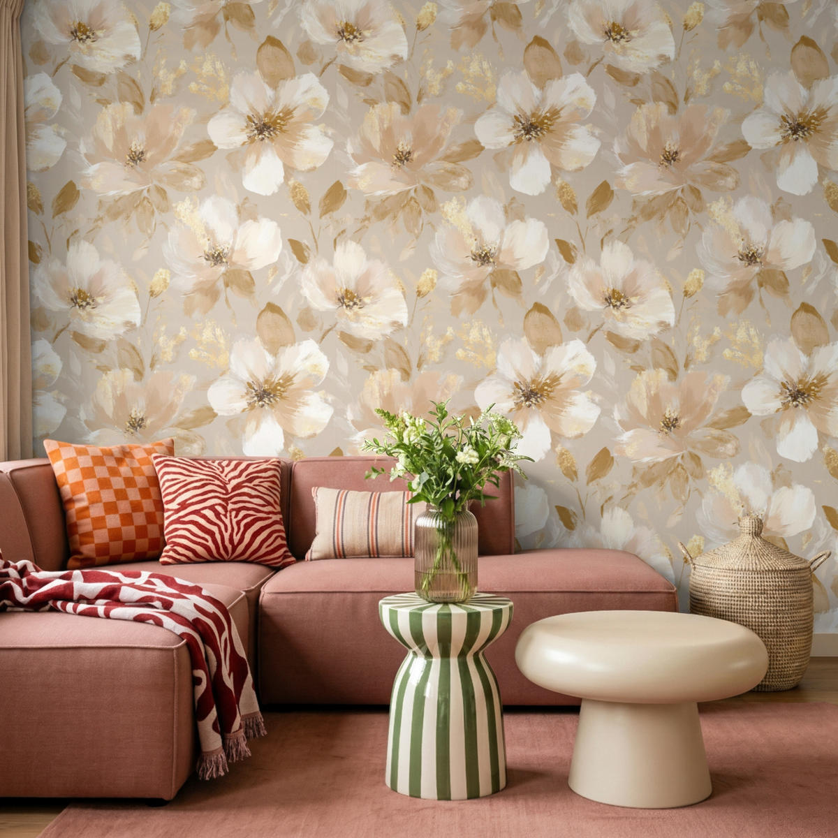 TAPETE - Blumen - künstlerisch - Gold - 280x200 cm - Beige, Papier (280/200cm) - OnlyWow