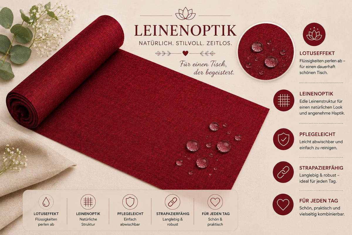 TISCHLÄUFER 40/100 cm Bordeaux Leinenoptik - Bordeaux, Textil (40/100cm) - TiborTex