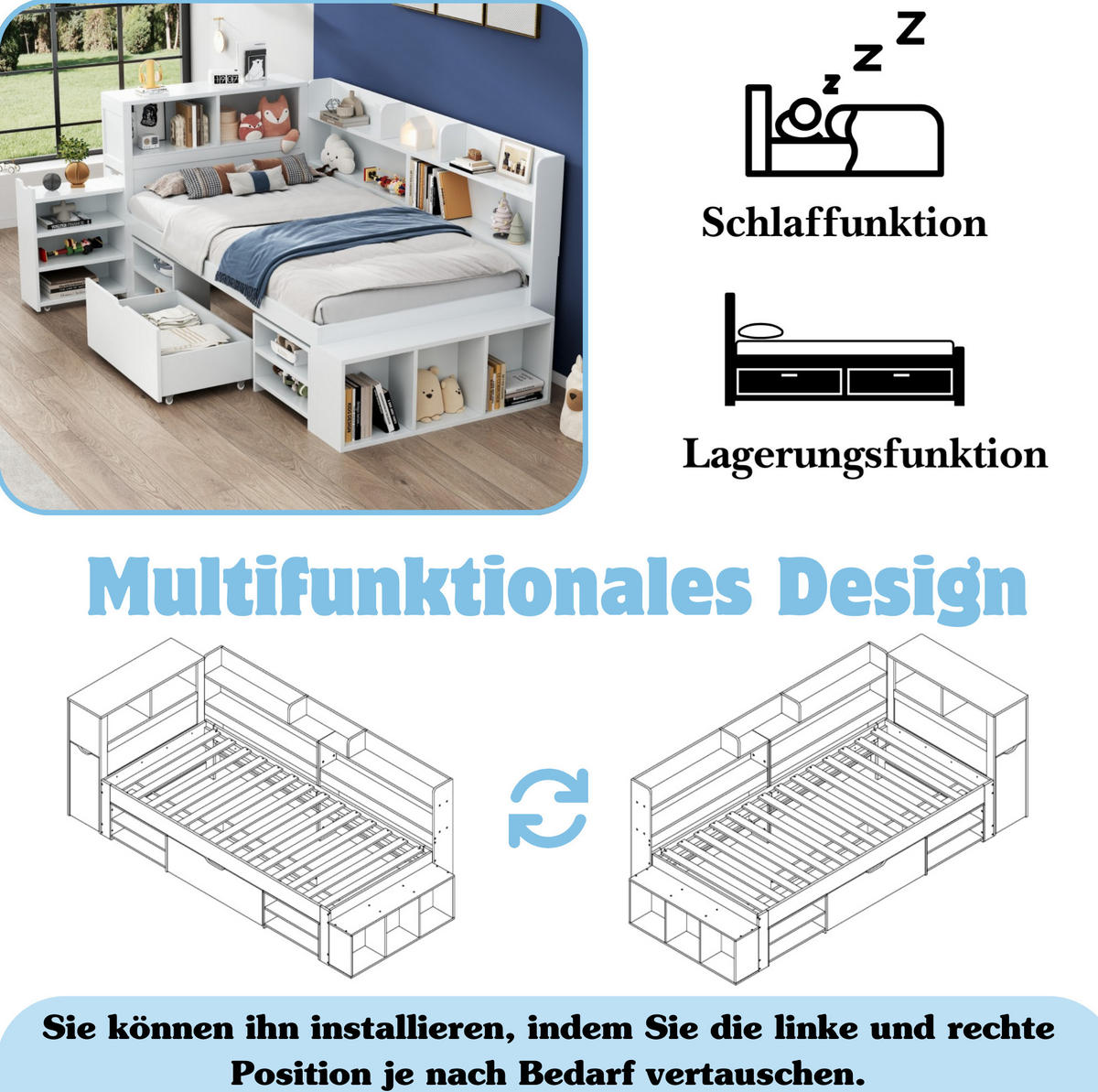 KINDERBETT 90/200 cm aus Plywood mit Schublade, Regal und Stauschrank Weiß - Weiß, Holzwerkstoff (90/200cm) - Modenvie