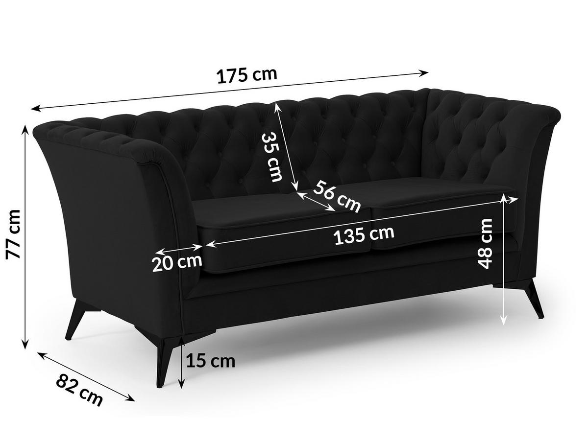 SITZGARNITUR 2+1 Chesterfield Whitby Schwarz Samt mit schwarzen Füßen - Schwarz, Holz/Textil (175/78/82cm) - S-Style Möbel