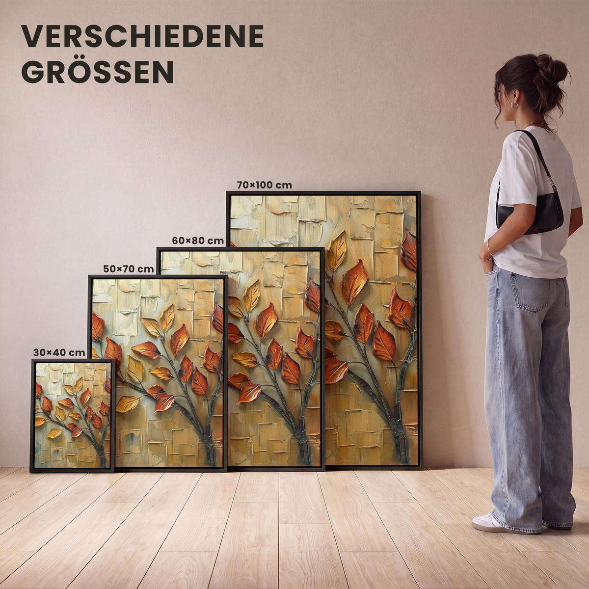 LEINWAND Bilder mit Rahmen - Baum - Abstrakt - Natur - Kunst - 70x100 - Goldfarben, Textil (70/100cm) - MuchoWow