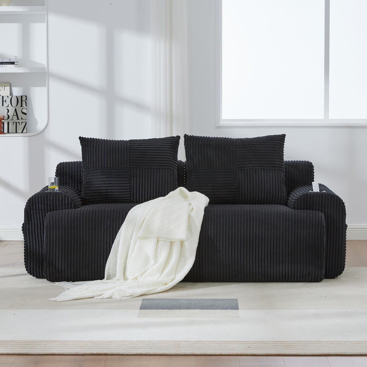 MODULÁRNÍ sofa 200/99/80 cm černá z manšestru s držákem nápojů a boční kapsou - černá, textil (99/80/200cm) - OKWISH