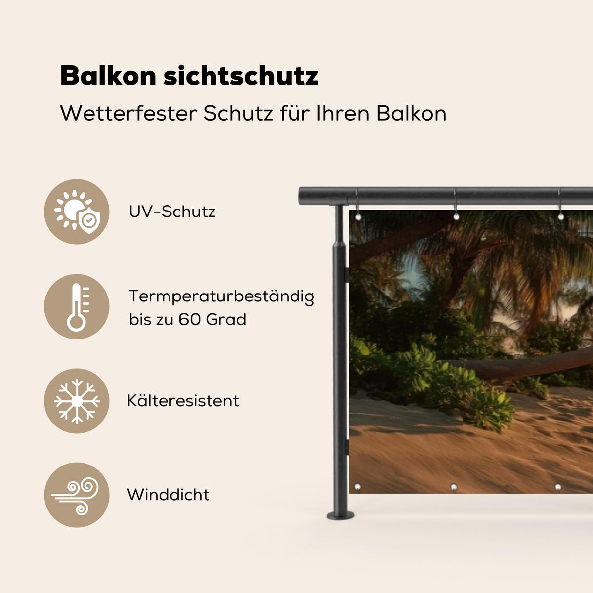 BALKON-SICHTSCHUTZ Strand - Palmen - Meer - Sonnenuntergang 500x90 cm - Samtahornfarben, Kunststoff (500/90cm) - MuchoWow