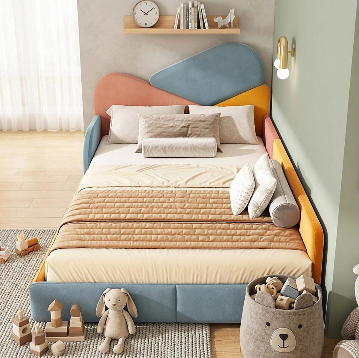 KINDER-POLSTERBETT 140x200 cm in Blau mit Patchwork-Design und erhöhtem Seitenschutz - Blau, Textil (140/200cm) - IVMEU