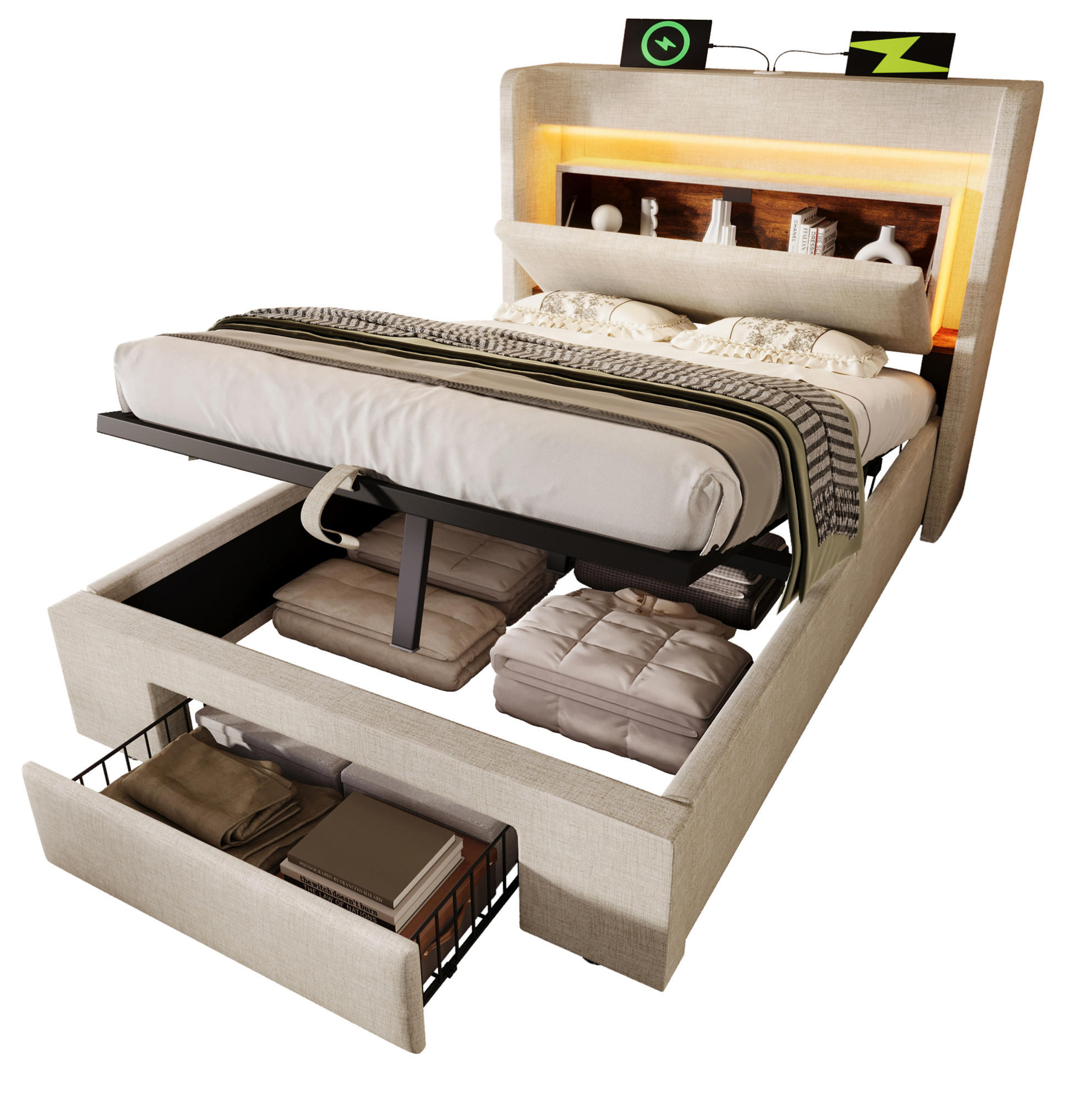 POLSTERBETT mit Stauraum 90x200 cm Leinen Beige mit LED - Beige, Metall (90/200cm) - Meubliv