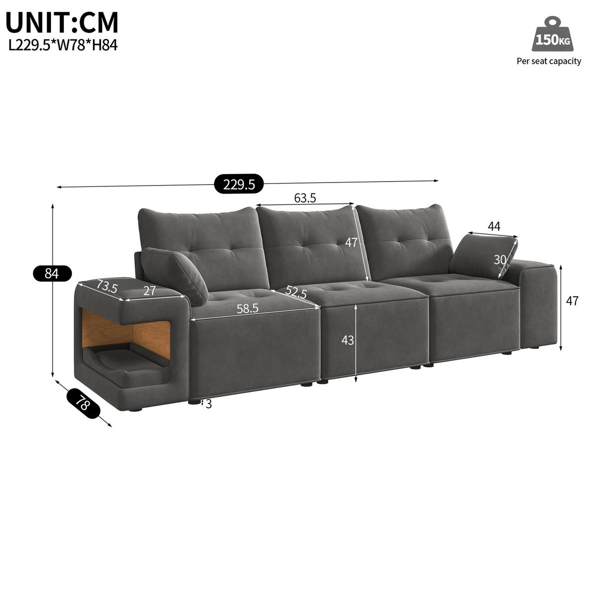 3-SITZER-SOFA 229,5/78/84 cm mit Stauraum, Haustiernischen und breiten Armlehnen, Samt, Grau - Grau, Textil (229.5/84/78cm) - Redom