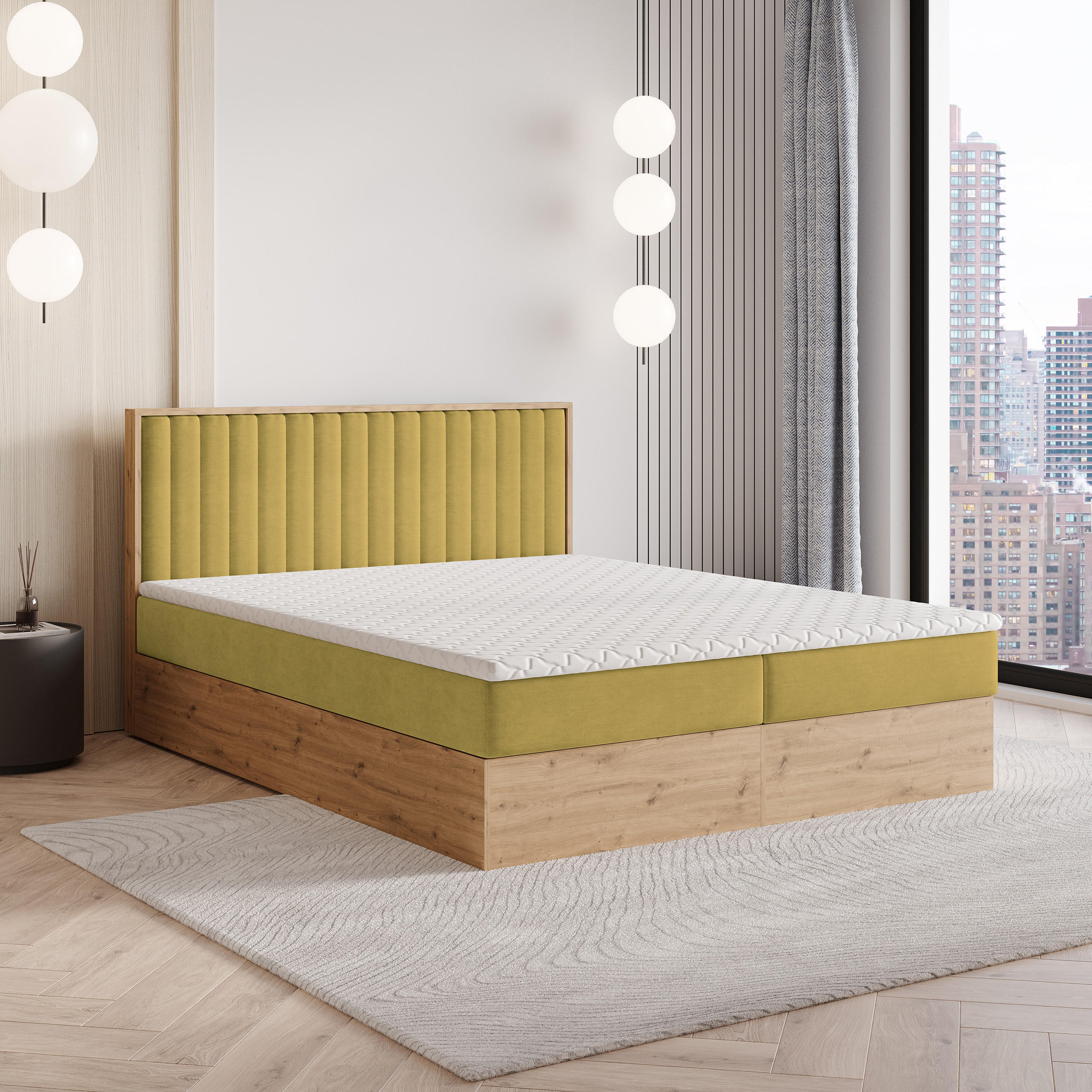 BOXBETT VARELI 160x200 cm mit Matratze und Topper - Gelb - Gelb, Holz (160/200cm) - MASSENO