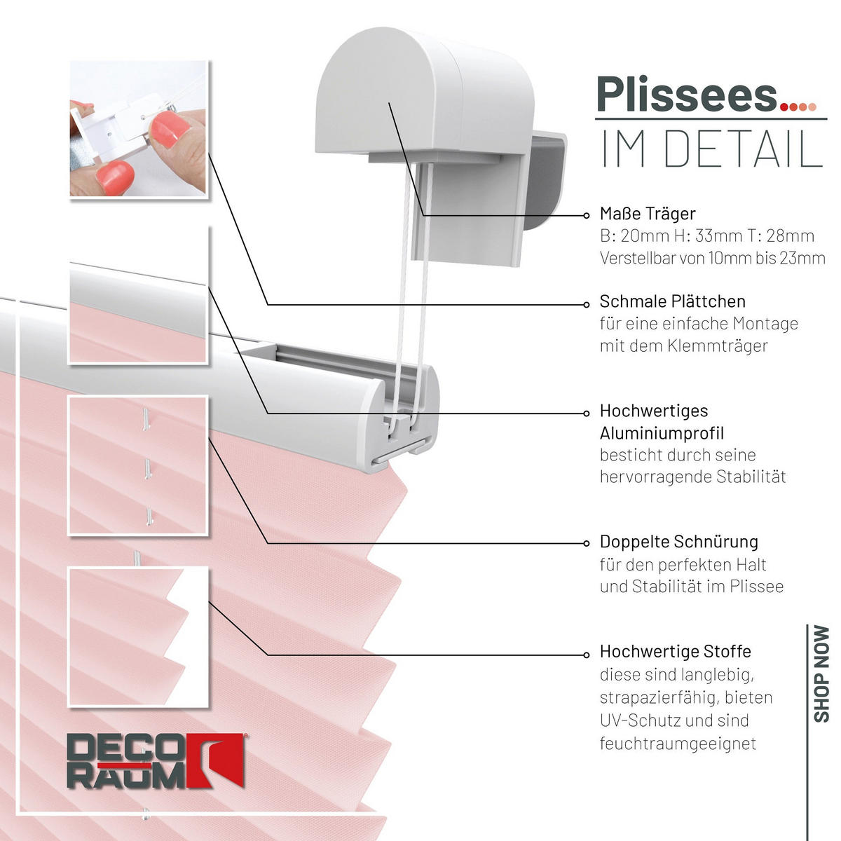 PLISSEE Basic ohne Bohren - Hellrosa, Textil (80/210cm) - Deco-Raum