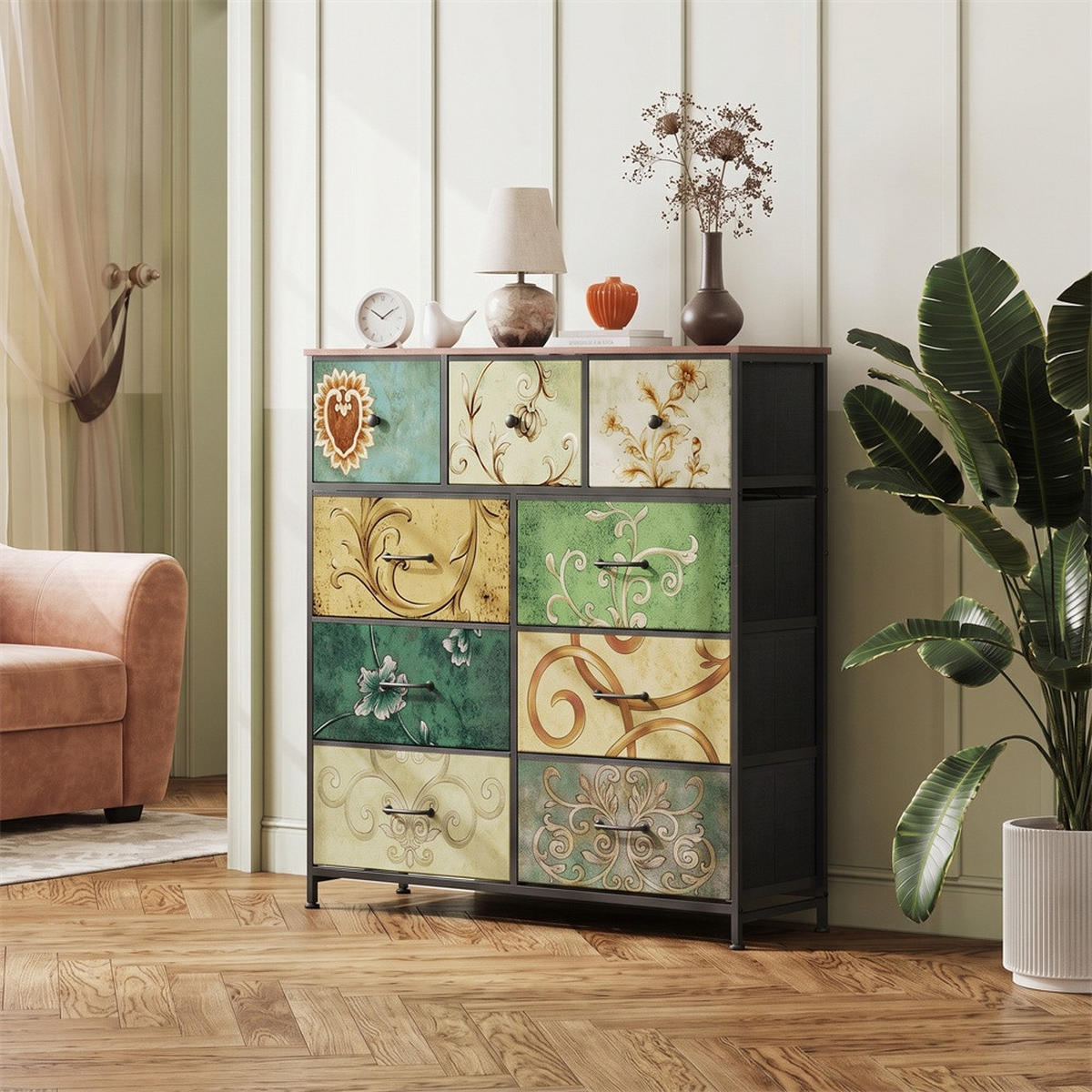 KOMMODE mit 9 Schubladen - bunte Vintage-Muster und nostalgische Griffe - Mehrfarbig - Multicolor, Metall (100/100/30cm) - DELFA