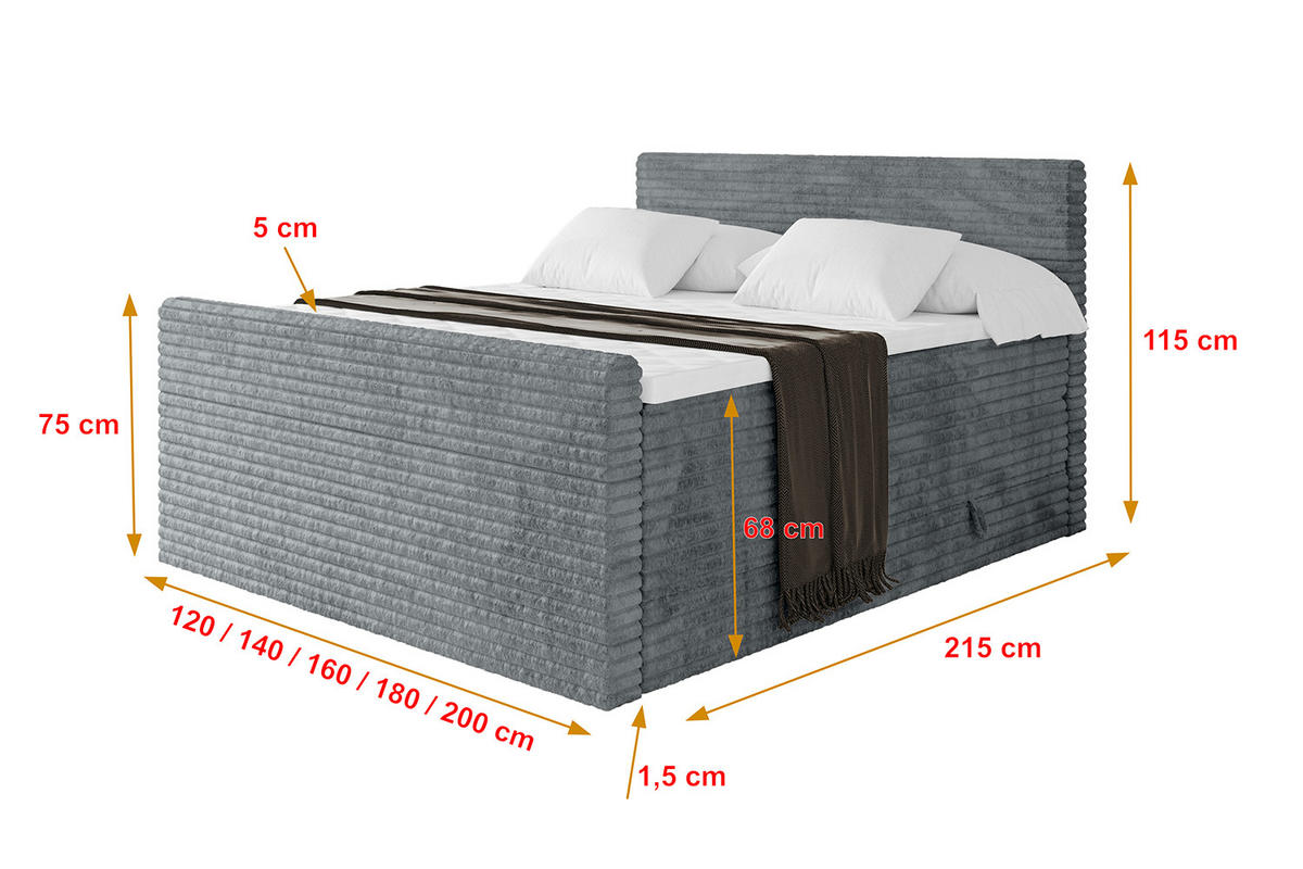 BOXSPRINGBETT mit Matratze H3|H4 und Lattenrost - TOLO-Z KING-v1 200x200 Cord - Dunkelgrau - Dunkelgrau, Holzwerkstoff (200/200cm)