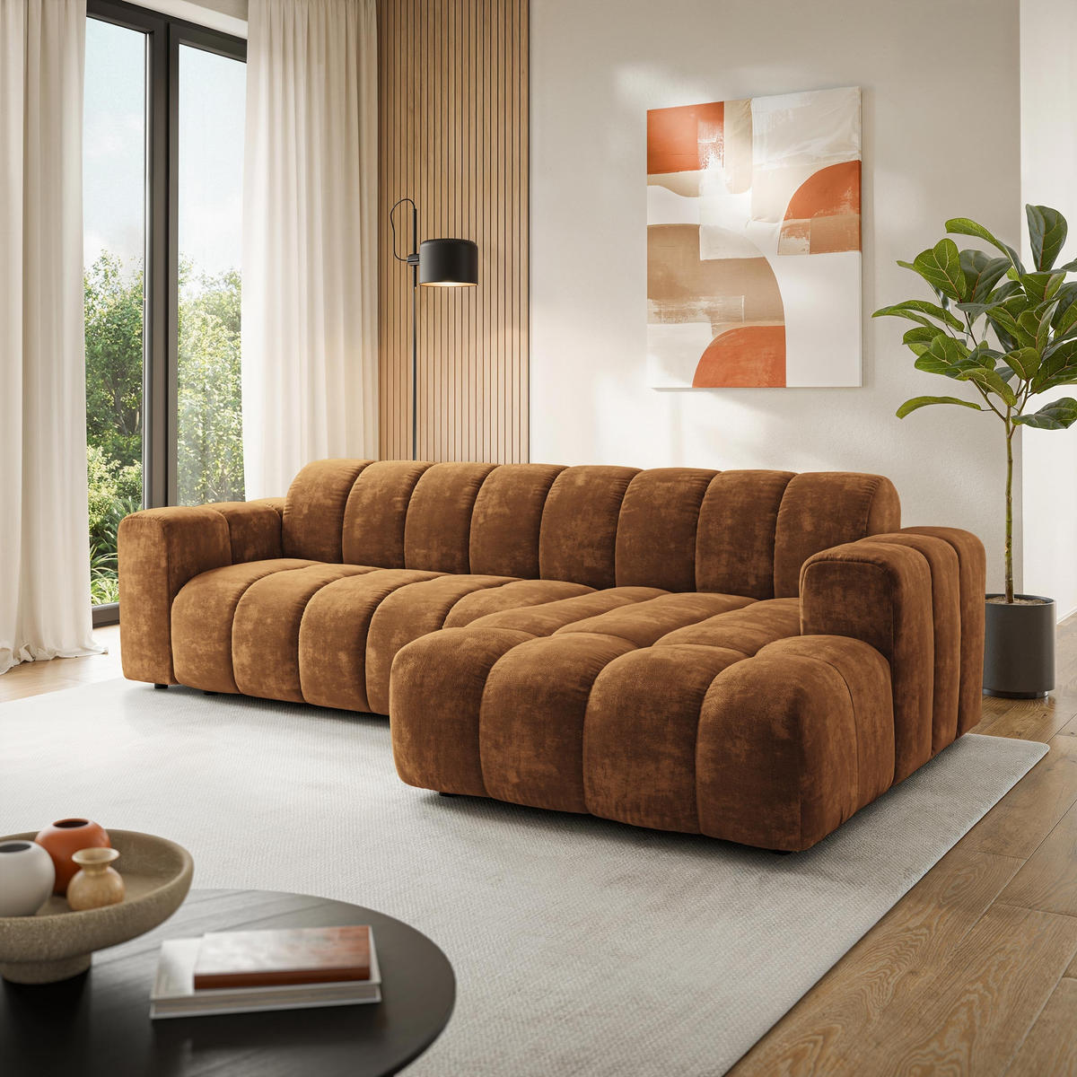 ROHOVÁ Sedačka SETIA LUMO 35, Světle hnědá - černá/světle hnědá, dřevo/textil (304/165cm) - MASSENO