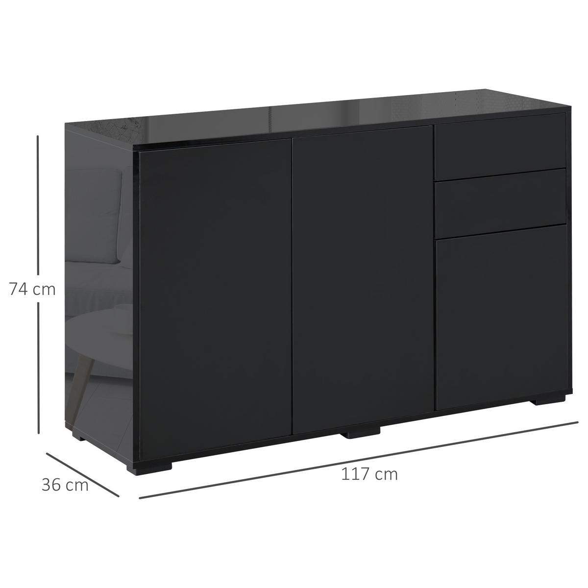 SIDEBOARD Schwarz, 3 Türen, 2 Schubladen, 117/36/74 cm - Schwarz, Holz (117/74/36cm) - PANGIVO