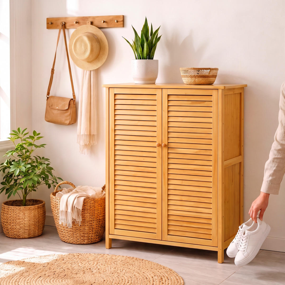 BOTNÍK Prírodná bambus 5 priehradiek 87,5x66x33 cm - svetlohnedá, drevo (66/87.5/33cm) - Relaxdays