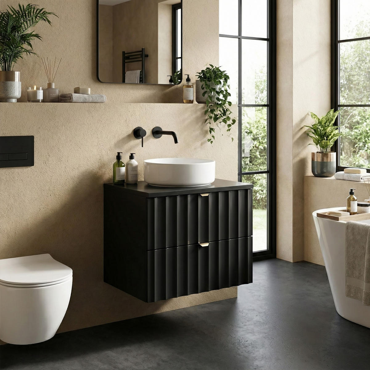 WASCHBECKENUNTERSCHRANK Azore 2 Schubladen Schwarz Matt - 60 x 46 x 52 cm - Schwarz, Holz (60/46/50cm) - Badplaats