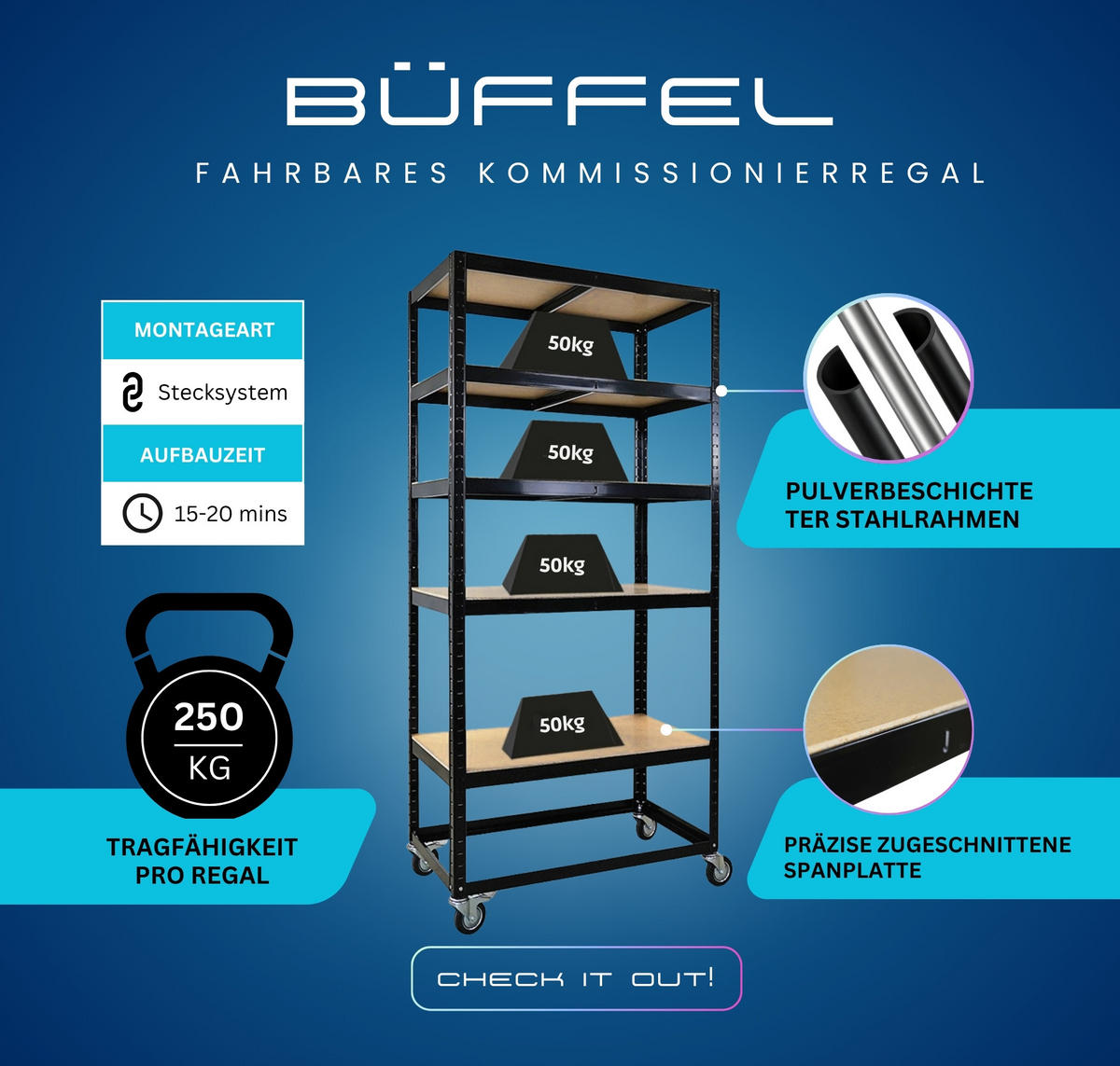KOMMISSIONIERWAGEN 2er Set BÜFFEL 190x90x50cm 5 Ebenen Fachlast 50kg 2X Lenkrollen & 2X Lenkrollen mit Feststellbremse Schwarz - Schwarz, Metall (180/190/50cm) - PROREGAL