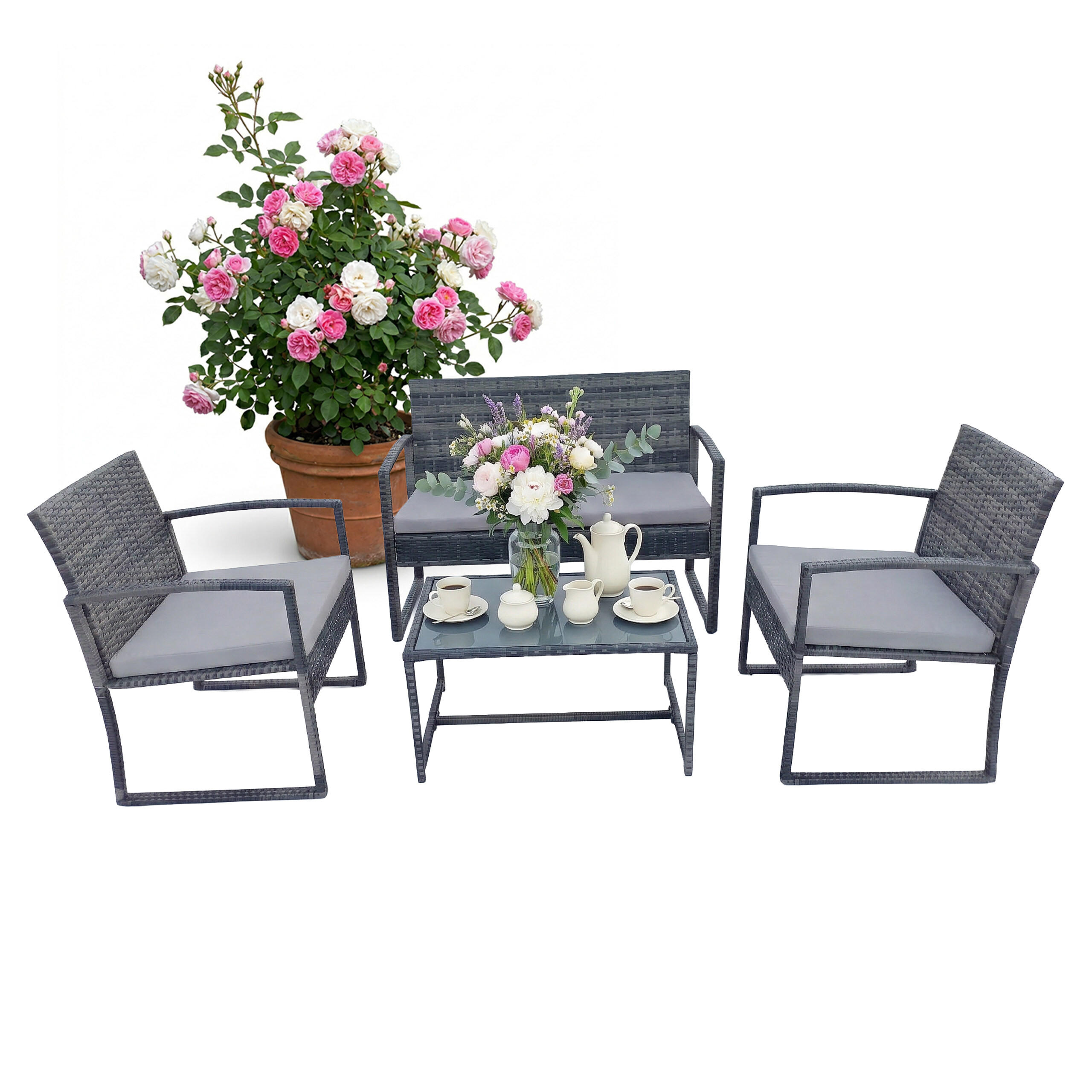 4-TLG.GARTENMÖBEL-SET - Grau, Glas/Kunststoff - Relaxdays