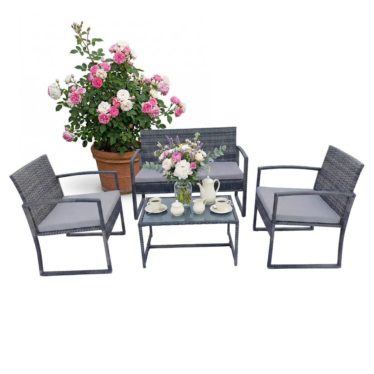 4-TLG.GARTENMÖBEL-SET - Grau, Glas/Kunststoff - Relaxdays