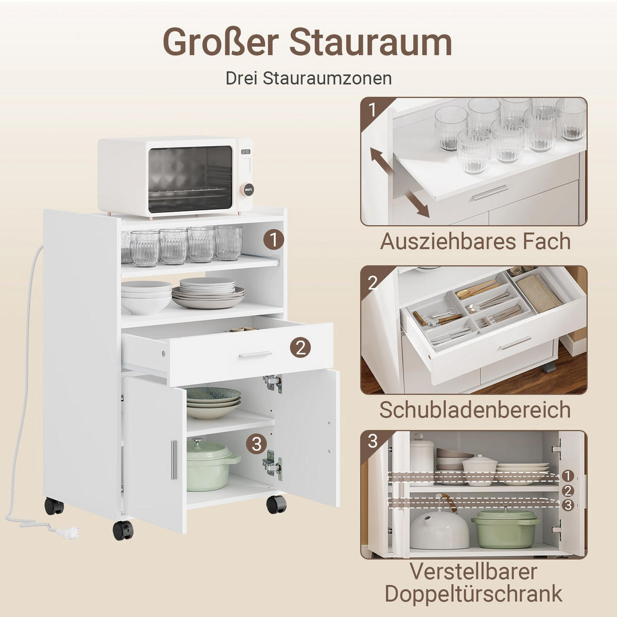MIKROWELLENSCHRANK mit 4-in-1-Ladestation 61,5×40×92 cm - Ahornfarben, Fell (61/92/40cm) - SoBuy