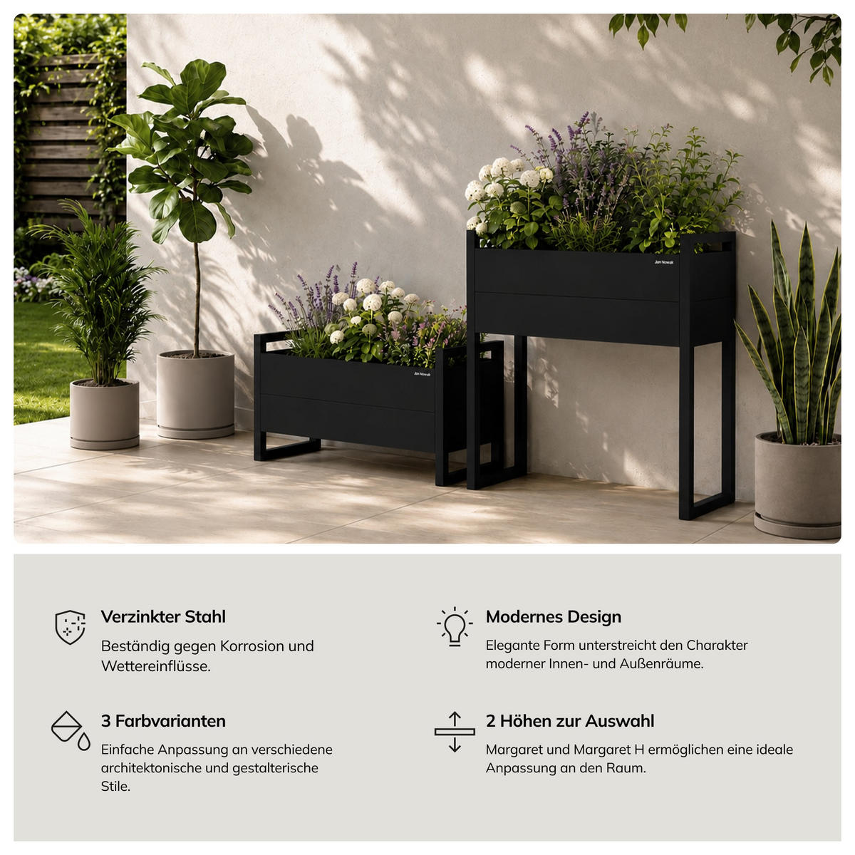 BLUMENKASTEN MARGARET H 100x100x38 cm - Schwarz, Metall (100/100/38cm) - Jan Nowak