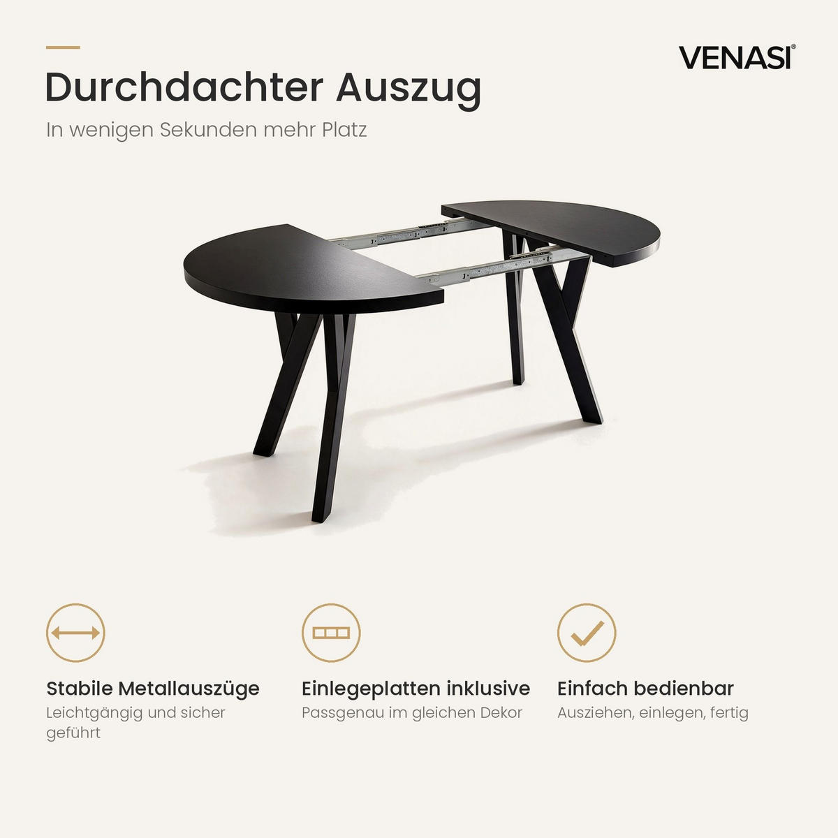 ESSTISCH ausziehbar rund 90-190 cm ATO Schwarz, Auszugstisch mit Einlegeplatte - Schwarz, Holzwerkstoff (90/90/77cm) - VENASI MÖBEL