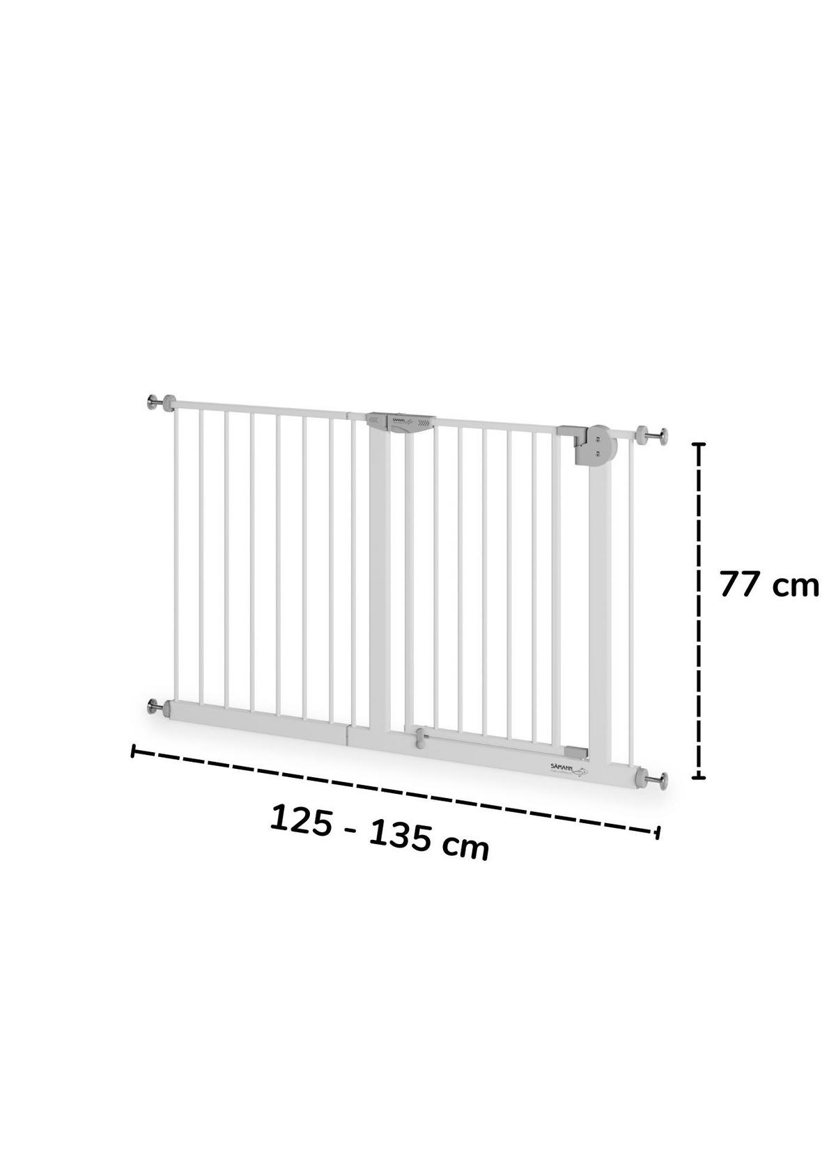 TÜRSCHUTZGITTER & Treppenschutz mit 4x Elefantenfuß, Tür mit 90° Stop, ohne Bohren 125-135 cm - Weiß, Metall (135/5cm) - Sämann – make a difference.