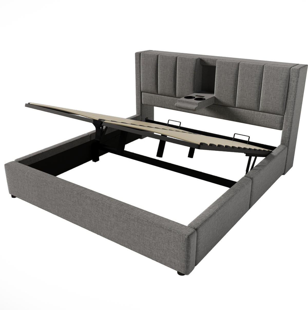 POLSTERBETT 160/200 cm Grau aus Leinen mit Stauraum und Ladestation - Grau, Textil (160/200cm) - OKMYHOME
