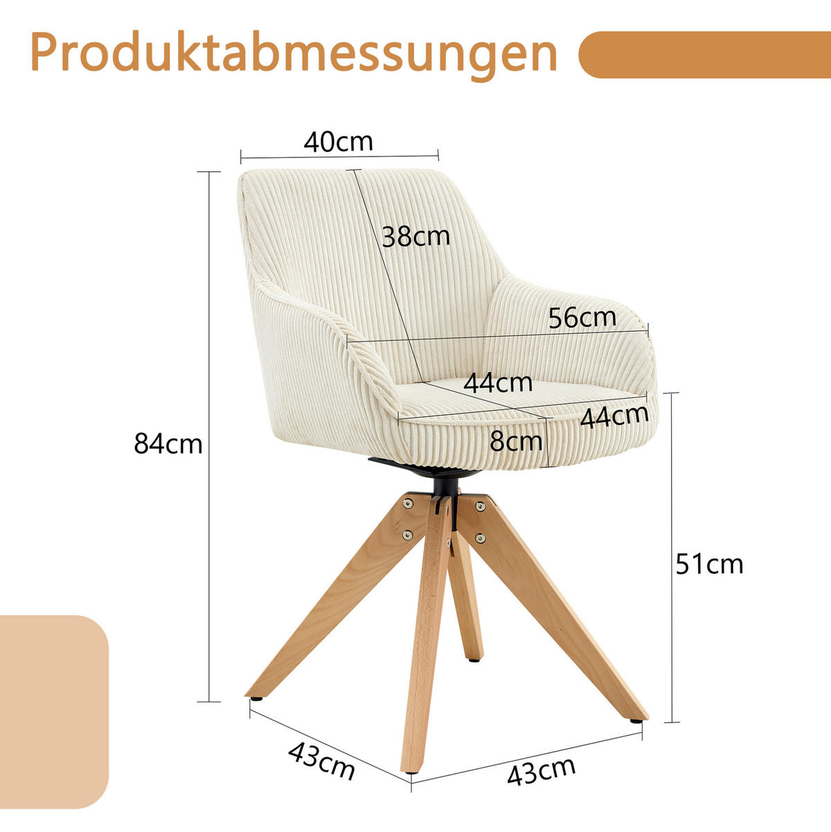 DREHSTUHL 2er-Set 360° drehbar Off White mit Massivholzbeinen - Weiß, Holz (44/84/56cm) - Meubliv