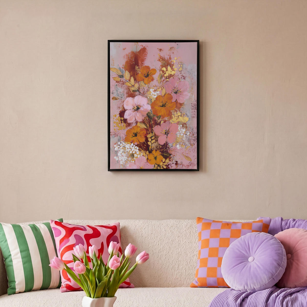 LEINWAND Bilder mit Rahmen - Malerei - Blumen - Rustikal - Rosa - 40x60 - Altrosa, Textil (40/60cm) - MuchoWow
