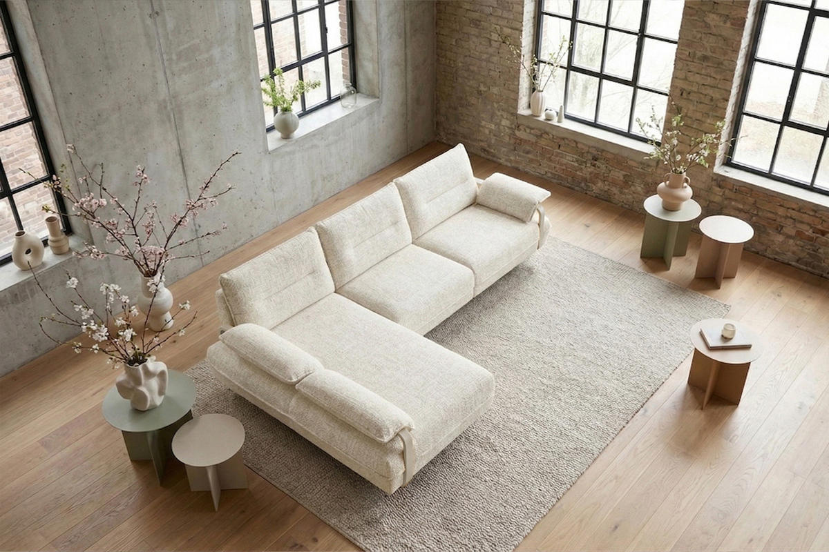 ECKSOFA ANISSA Cremeweiß Flachgewebe - Creme/Schwarz, Kunststoff/Textil (297/185cm) - KAWOLA
