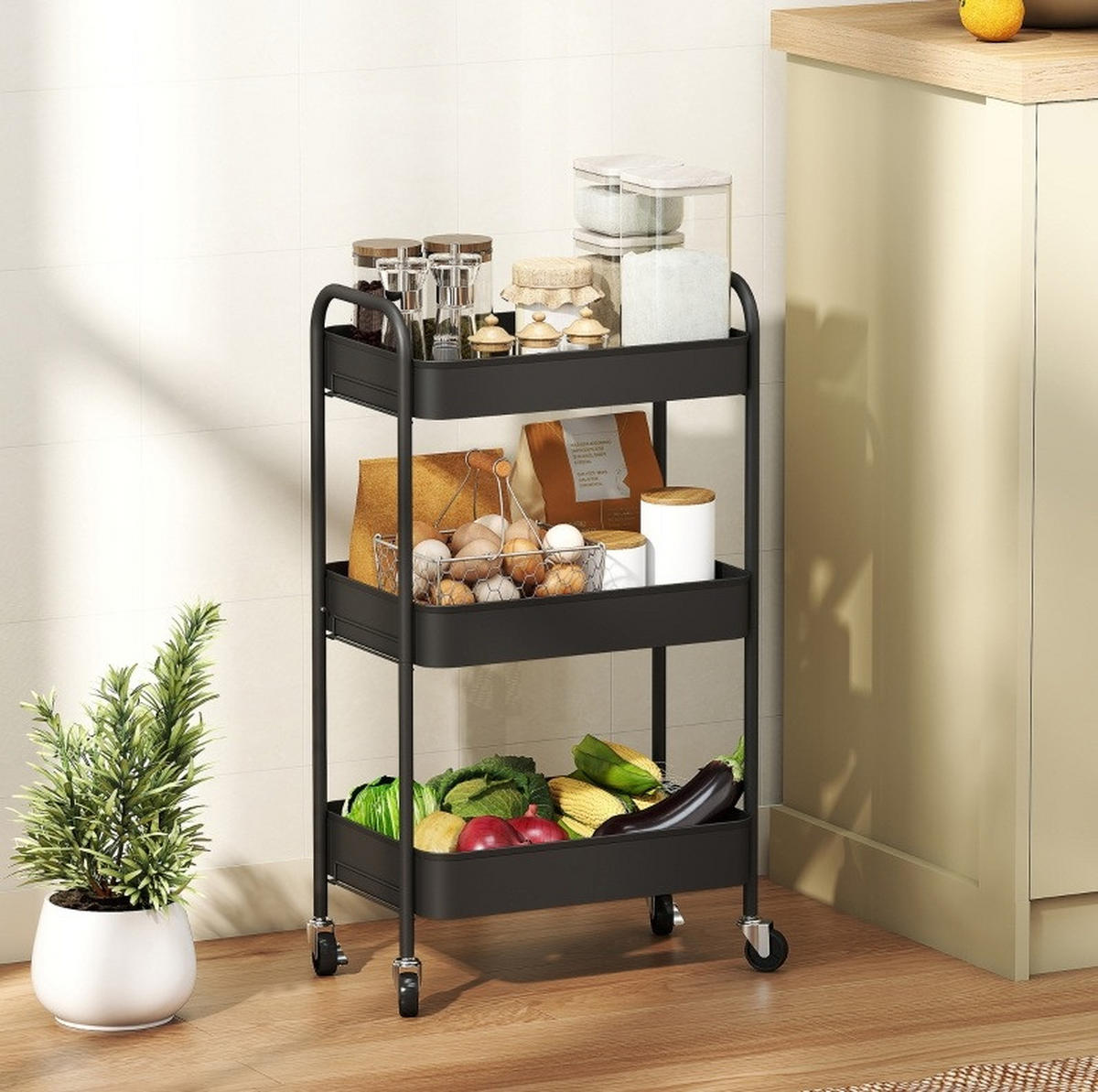 ROLLWAGEN mit 3 Gitterkörben 45 x 30,6 x 79 cm Stahl Schwarz - Schwarz, Metall (30.6/79/45cm) - Beauniv