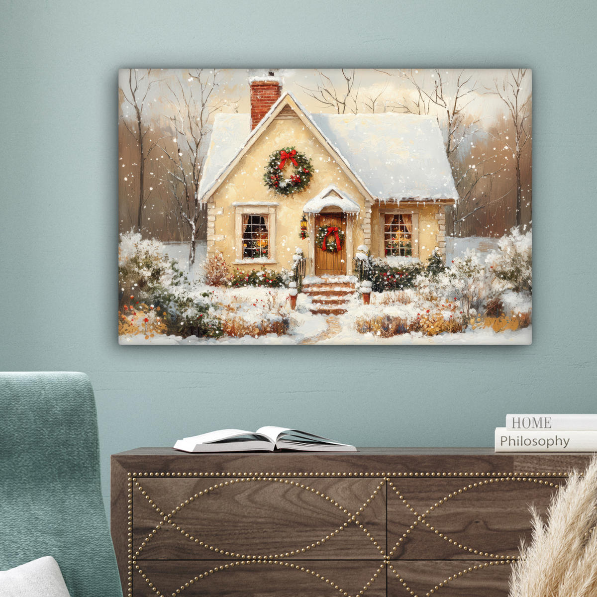 LEINWANDBILD Weihnachten - Zuhause - Winter - Schnee Wanddeko 90x60 cm - Creme, Textil (90/60cm) - MuchoWow