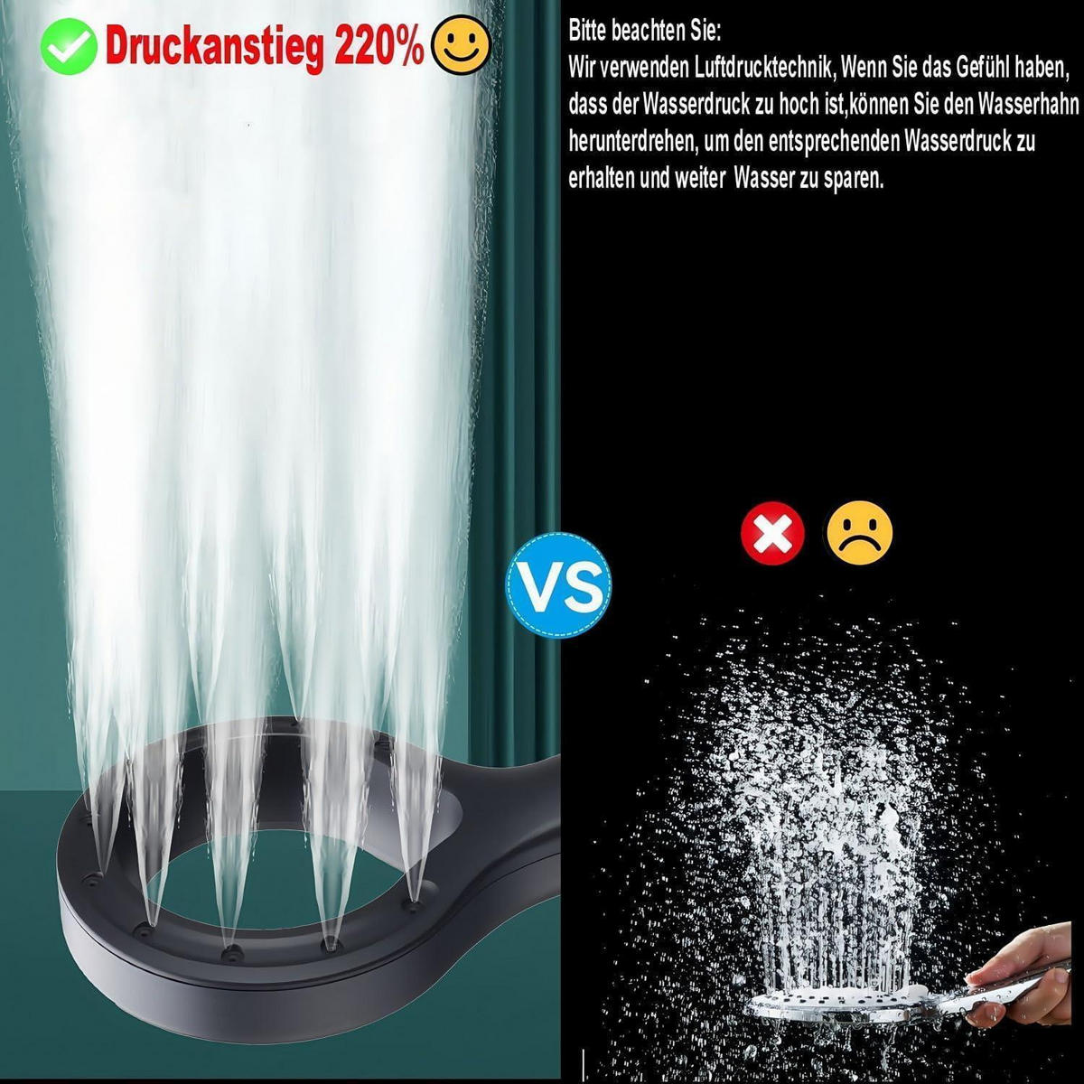 HANDBRAUSE Hochdruck Wassersparend ABS Schwarz - Schwarz, Kunststoff (12/12.7/24cm)