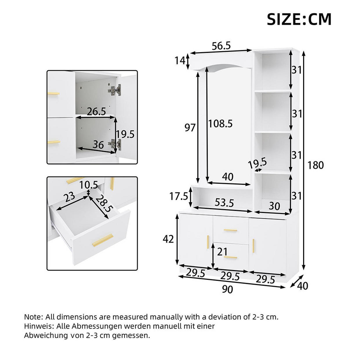 GARDEROBE 90x40x180cm mit Regal,Weiß - Weiß, Holzwerkstoff (90/180/40cm) - KOMHTOM