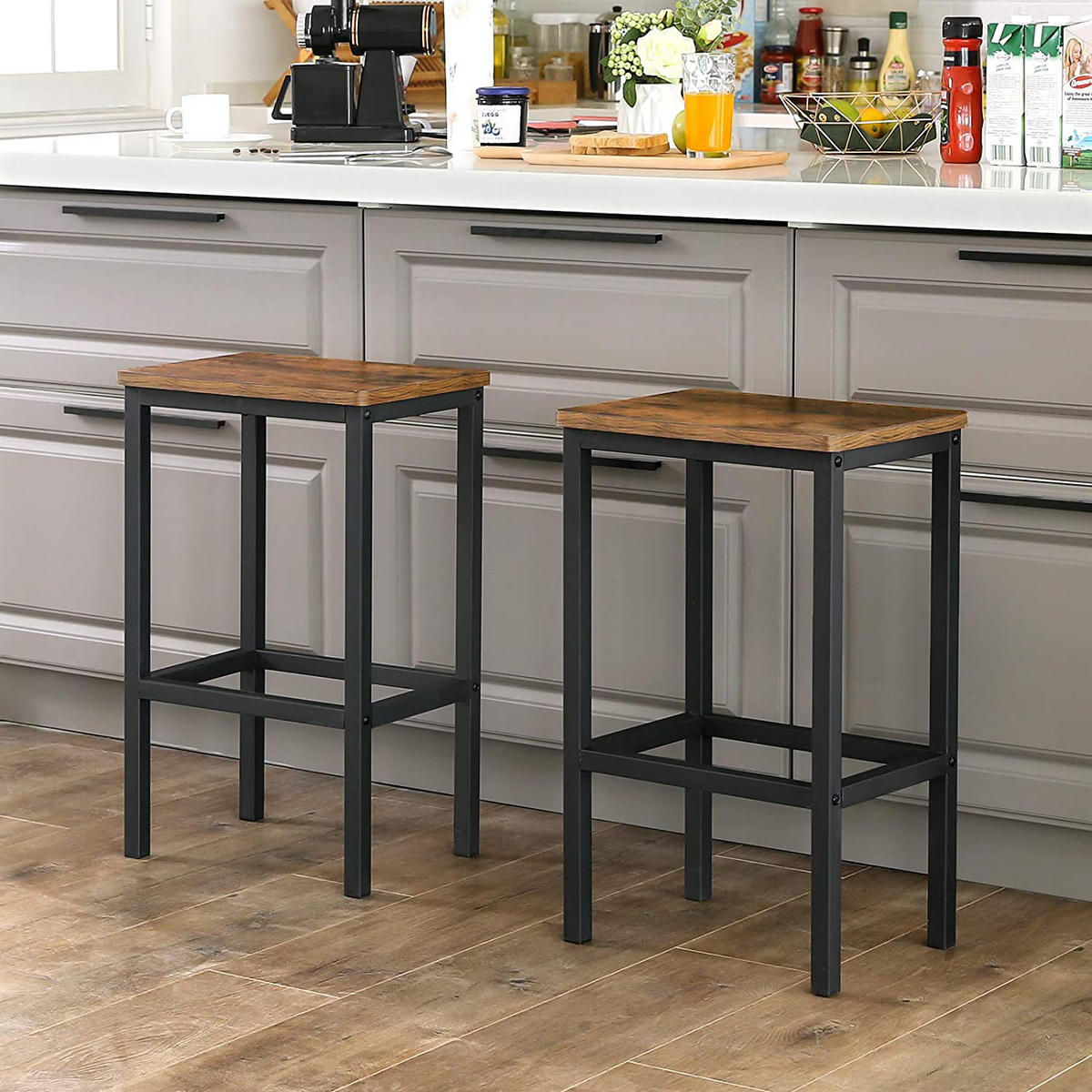 BARHOCKER - 2er-Set - Eiche Rustikal Dekor / Schwarz - Eichefarben/Schwarz, Holzwerkstoff/Metall (40/65/30cm) - home24