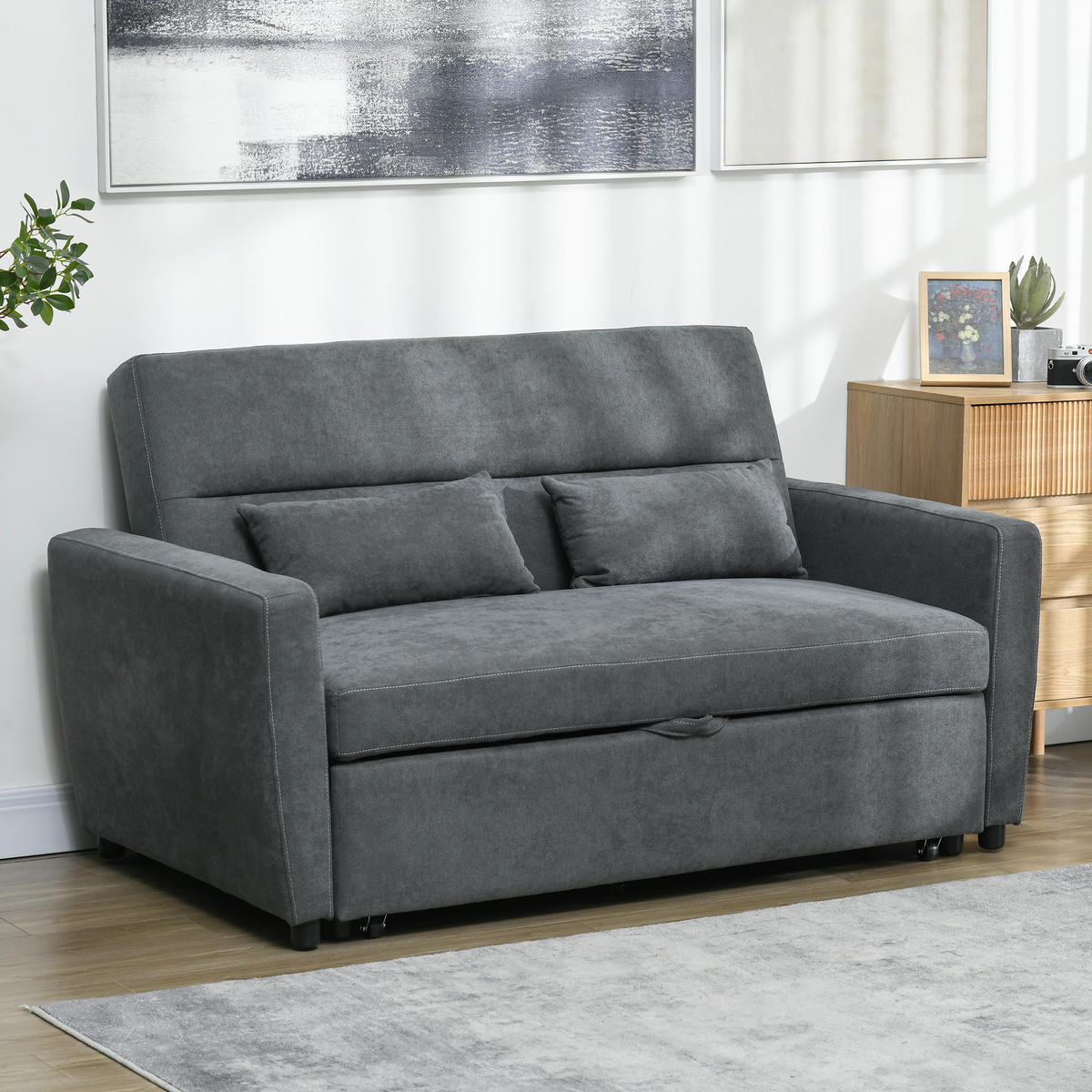SCHLAFSOFA, Sofa mit Bettfunktion, Wurfkissen, Samtoptik für Wohnzimmer - Dunkelgrau, Holz (90/88.5/155cm) - HOMCOM