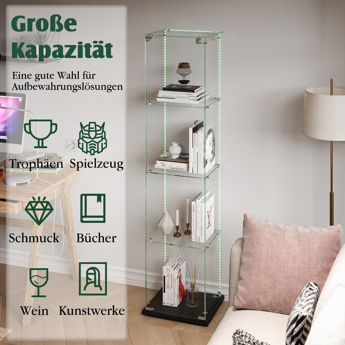 VITRINE Glas LED, Einzeltür, 4 Regale, mit Schloss, Schwarz - Schwarz, Holz (35/163/39.8cm)