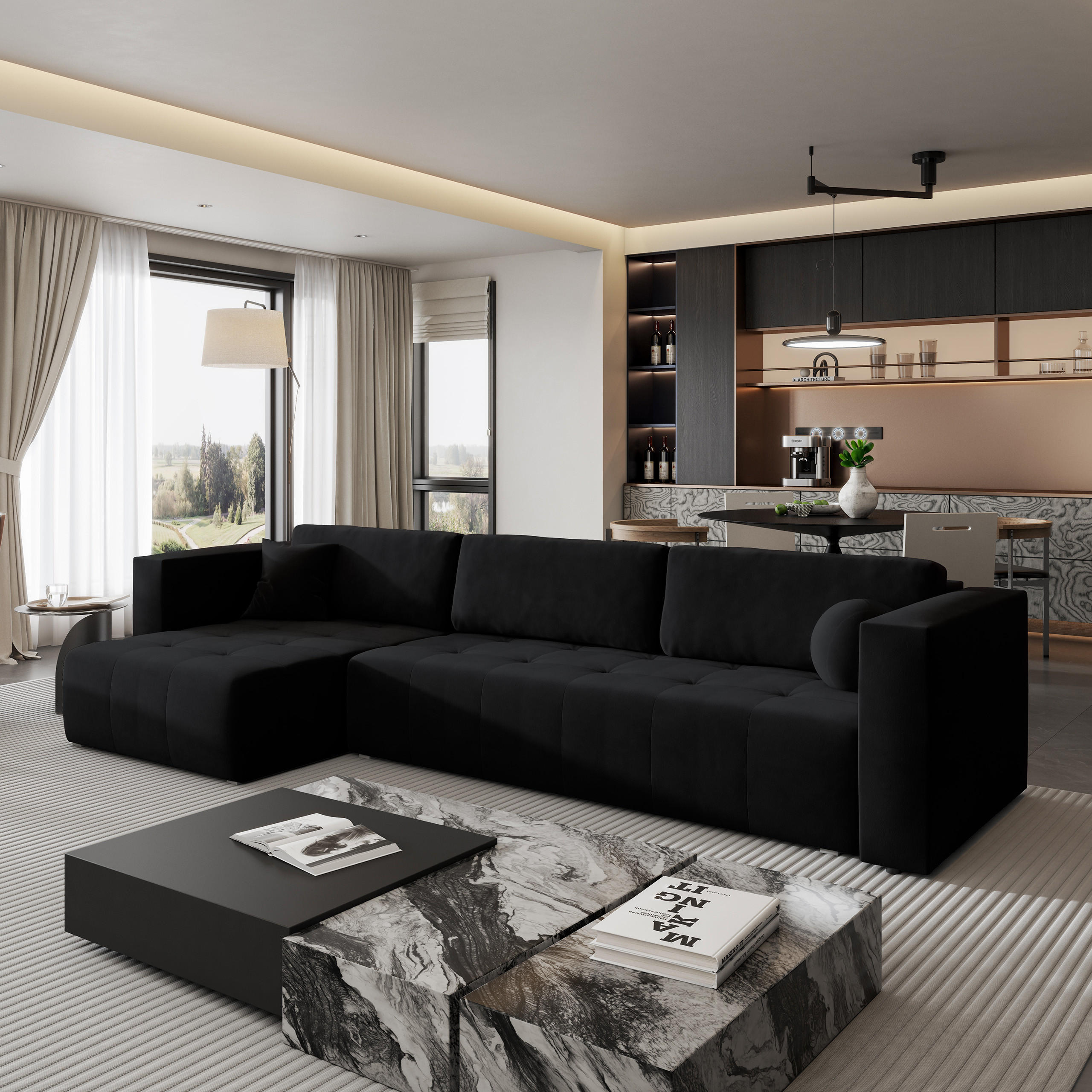 ECKSOFA OLVERA Schwarz Plüsch-Stoff mit Schlaffunktion - Schwarz, Holz (347/148cm) - MASSENO