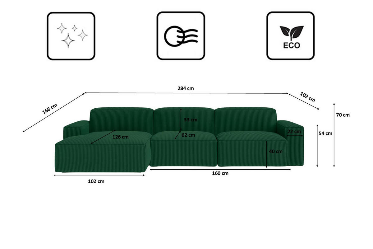 ECKSOFA Cursal L-Form, Stoff Poso, Grün, Links - Grün, Holz (284/166cm) - Kaiser Möbel