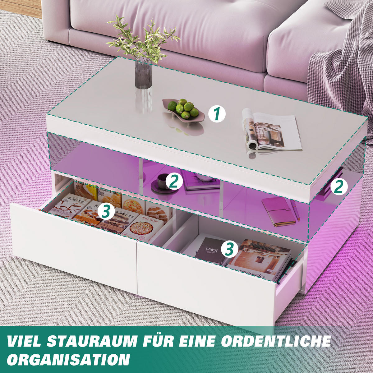 COUCHTISCH 104x53 cm mit LED, Steckdosen & 2 Schubladen, Weiß - Weiß, Metall (53/104/46cm) - EuroLiving