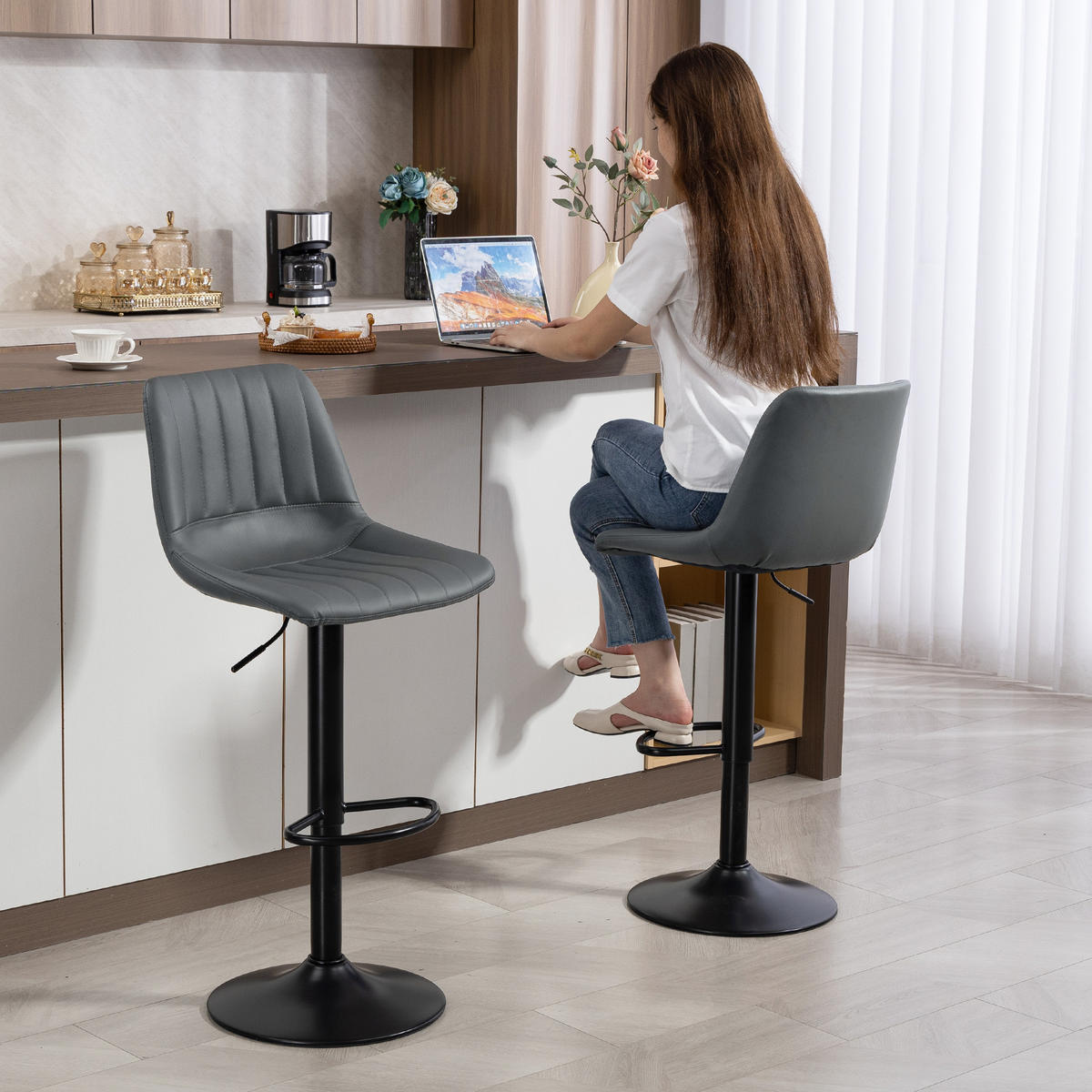 BARHOCKER 2er-Set Dunkelgrau 43.0/49.5/111.0 cm - Dunkelgrau, Leder (49.5/111/43cm)