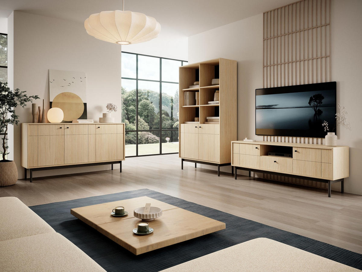 TV-LOWBOARD Japandies Eichenholzoptik 153 cm - Eichefarben/Schwarz, Holz/Holzwerkstoff (153.5/56.6/39cm) - Selsey