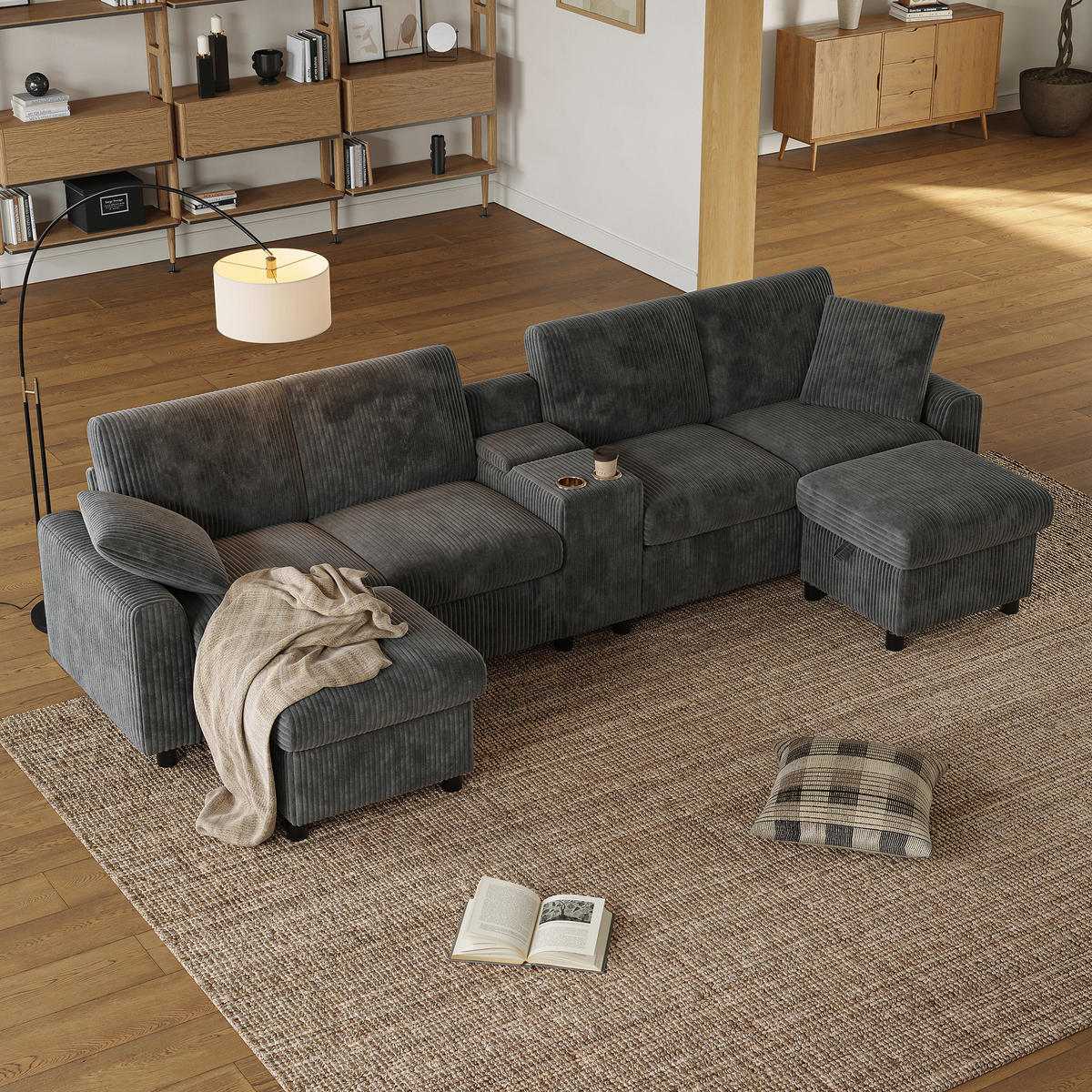 WOHNLANDSCHAFT DE-33395 U-Form mit Hockern und Ladeanschlüssen Grau - Grau, Metall (315/81/135cm) - ComfortXL