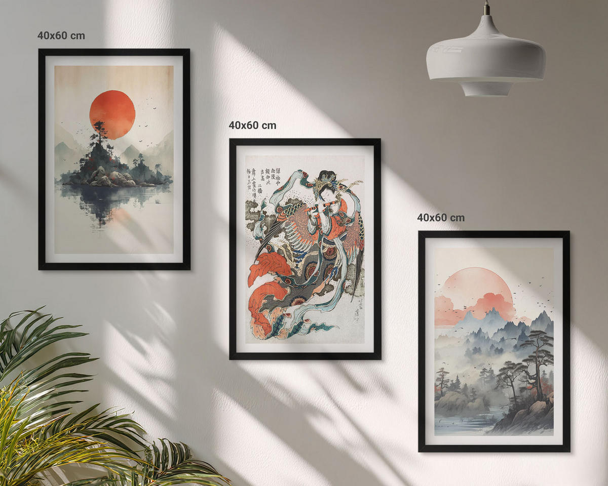 WANDBILDER 3er-Set - 40x60 cm Schwarzer Rahmen - Asiatische Japandi-Malereien - Schwarz, Kunststoff (40/60cm) - ArtPrintCave