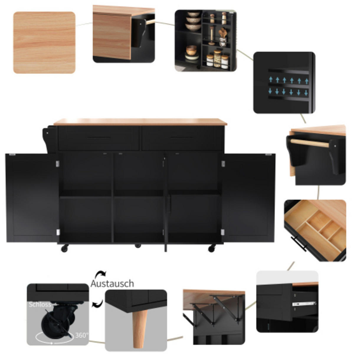 KÜCHENINSEL Schwarz-Natur aus MDF mit klappbarer Erweiterungsplatte, austauschbaren Füßen 129 × 71 × 91,5 cm - Schwarz, Holzwerkstoff (129/91.5/71cm) - Luhomfu