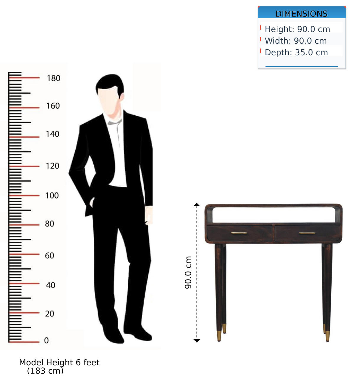 KONSOLE Apollo Schleife, 2 Schubladen und Offenes Fach, Dunkelbraun - Dunkelbraun/Messingfarben, Holz/Metall (35/90/90cm) - Artisan Furniture