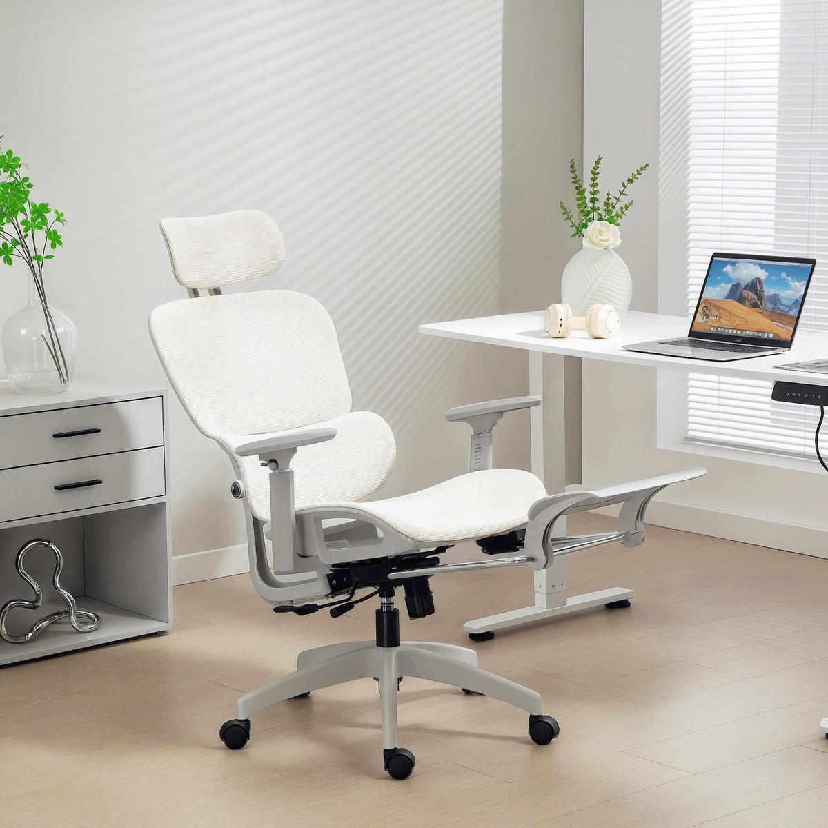 BÜROSTUHL mit Wippfunktion Liegefunktion Ergonomisch Höhenverstellbar Beige - Beige/Schwarz, Kunststoff/Textil (64/122/66cm) - HOMCOM