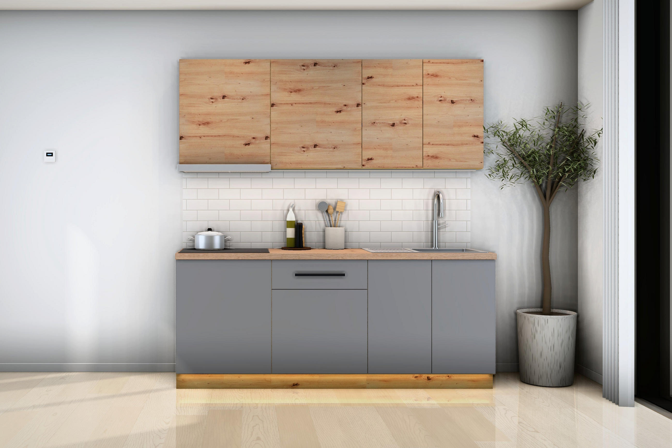 KÜCHENZEILE Nexa Grau & Woodline – 200 cm – K21-G200 - Hellbraun/Eiche Artisan, Holzwerkstoff (200/210/47cm) - ROYAL24_MARKT
