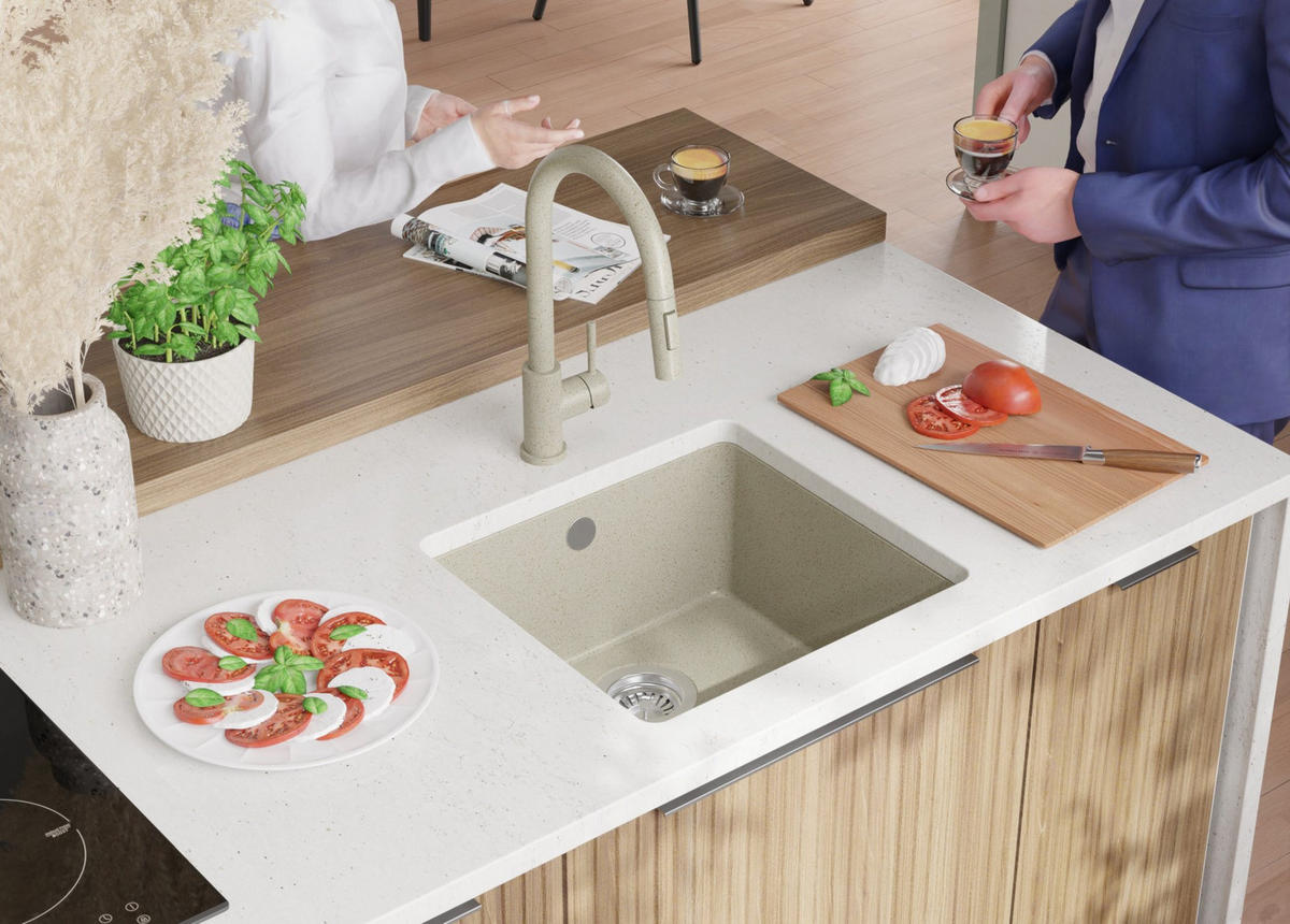 UNTERBAUSPÜLE GRANIT Venedig Easy, 2-er set Beige 46/44 cm 1 Becken + Küchenarmatur 38/14 cm + Ablauf-Set ab 50er Unterschrank - Beige, Kunststoff (46/20/44cm) - Primagran